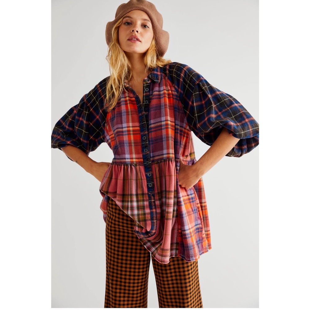 Free People We The Free Moon Bay Mixed Plaid Top Berry Combo Puff Sleeve XS
